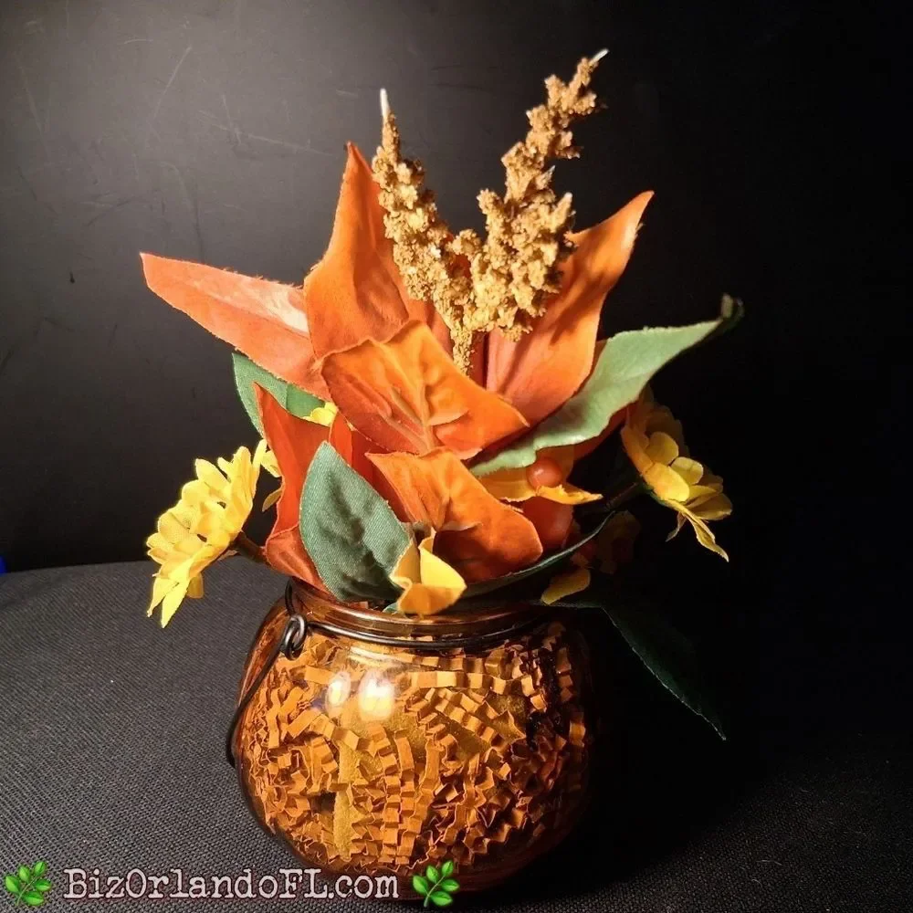 VINTAGE: Autumn Pumpkin Glass Vase with Floral Arrangement